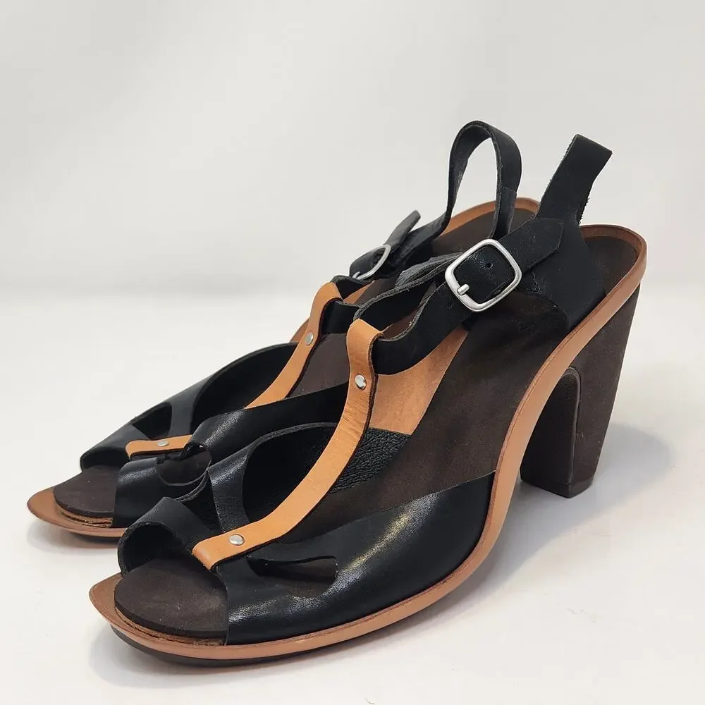 Camper Olivia Black Brown Leather T Strap Heels Pumps Women Size 38 US 7.5